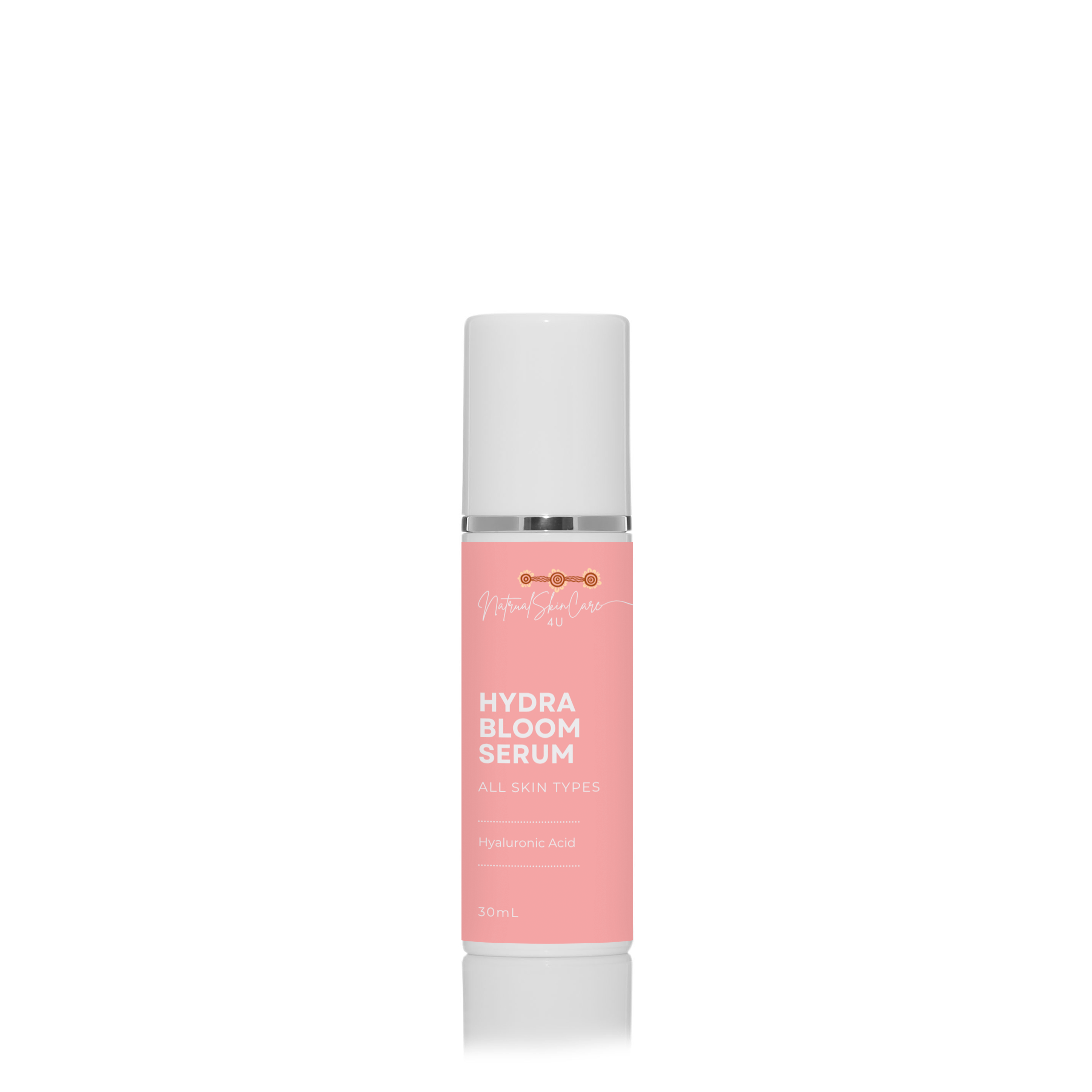 Pink skincare serum bottle labeled 'Hydra Bloom Serum' on a white background