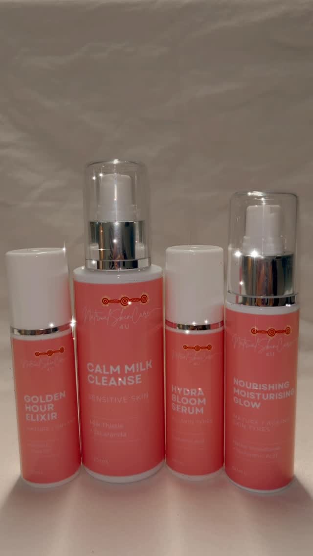 Set of 4 skincare products with visible branding on a plain background